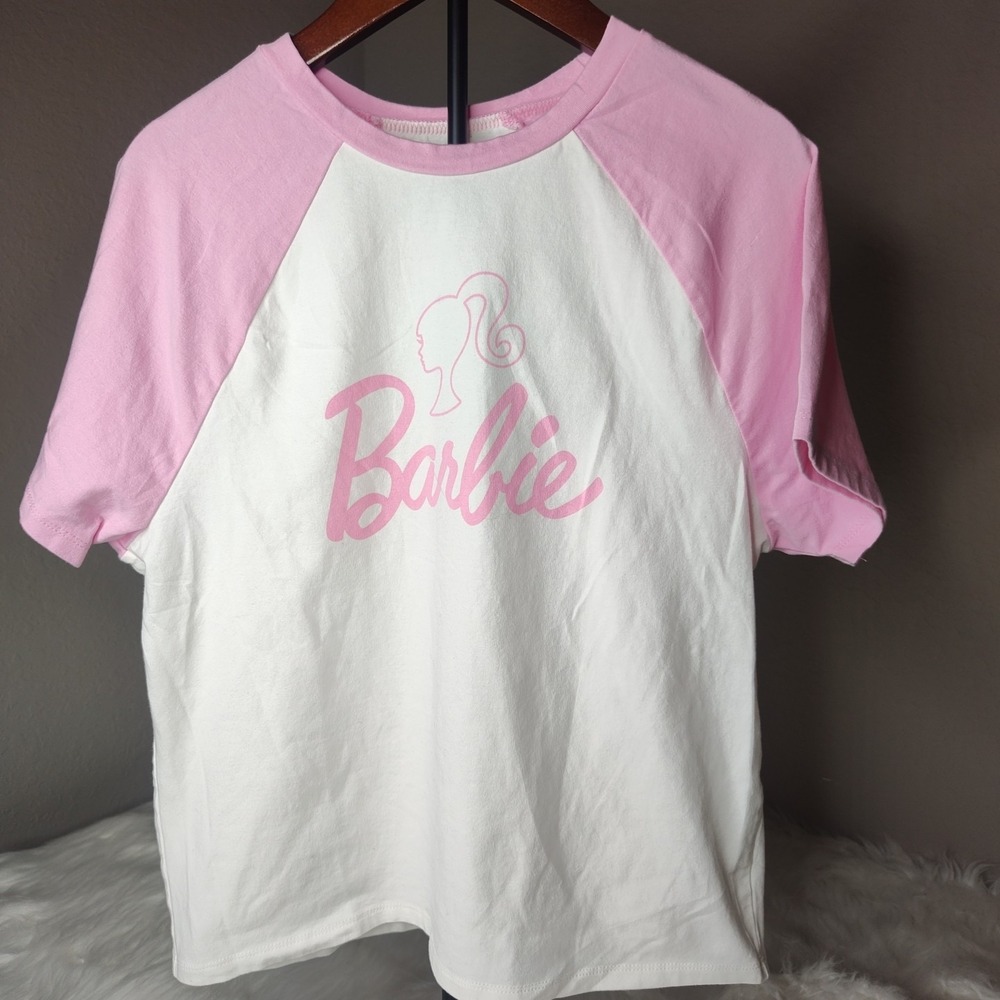 Barbie T-Shirt Womens XXL Pink White Raglan Graphic Logo Short Sleeve Tee